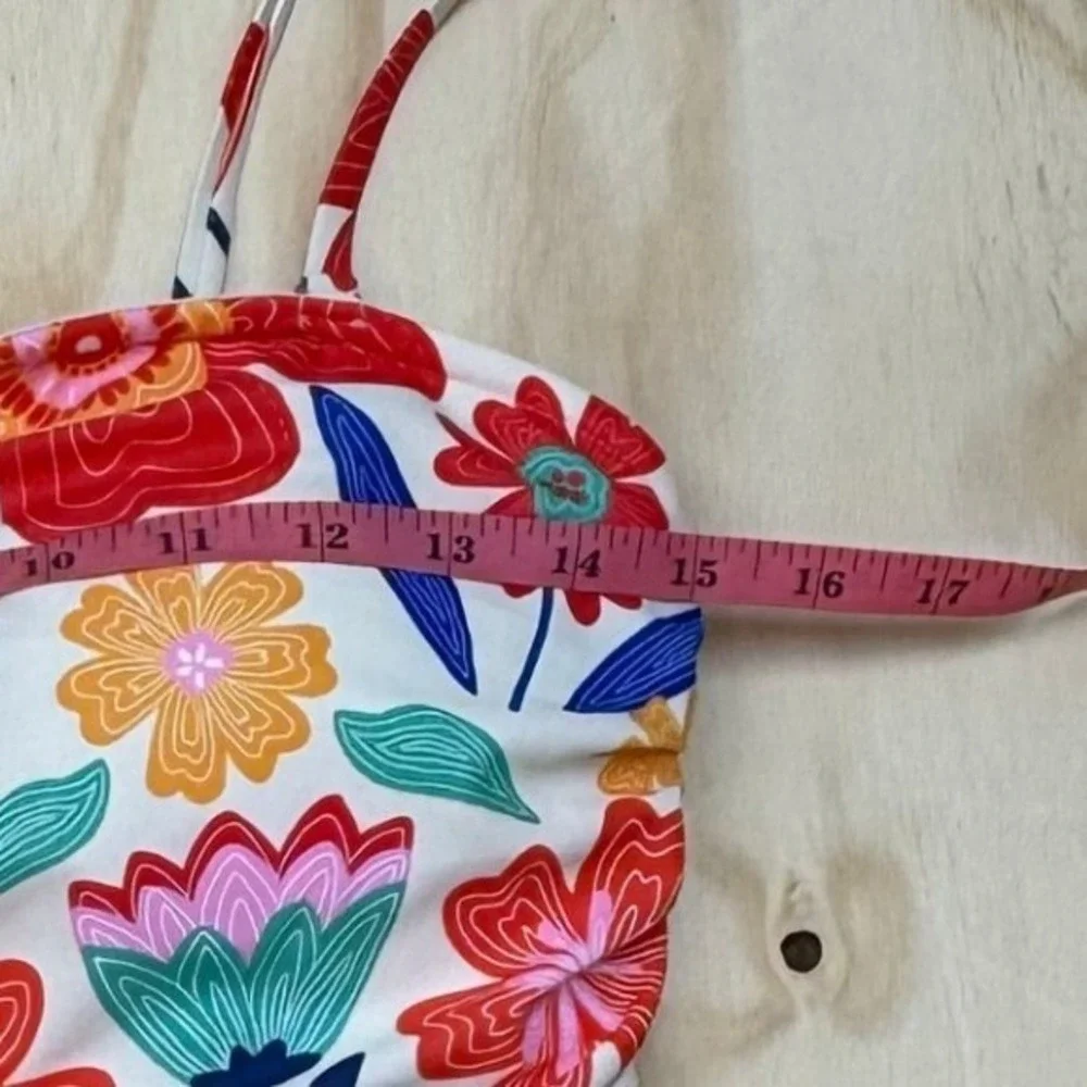Floral One Piece Swimsuit Ruched Drawstring Padded Multicolor Retro Size M